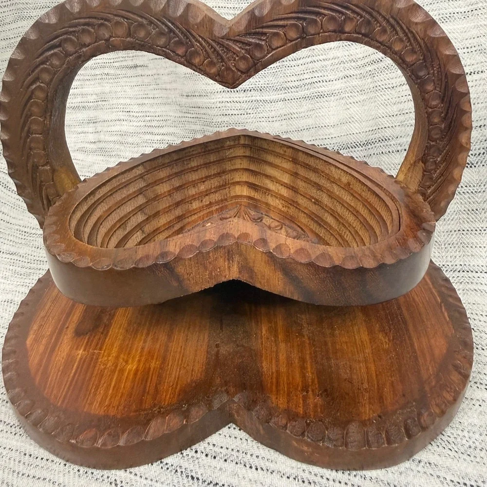 Vintage Carved Wooden Collapsible Folding Heart Bowl Basket Cottagecore Rustic
